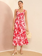 Love & Roses Pink and Red Floral Cami Corset Lace Trim Cotton Midi Dress - Image 4 of 4