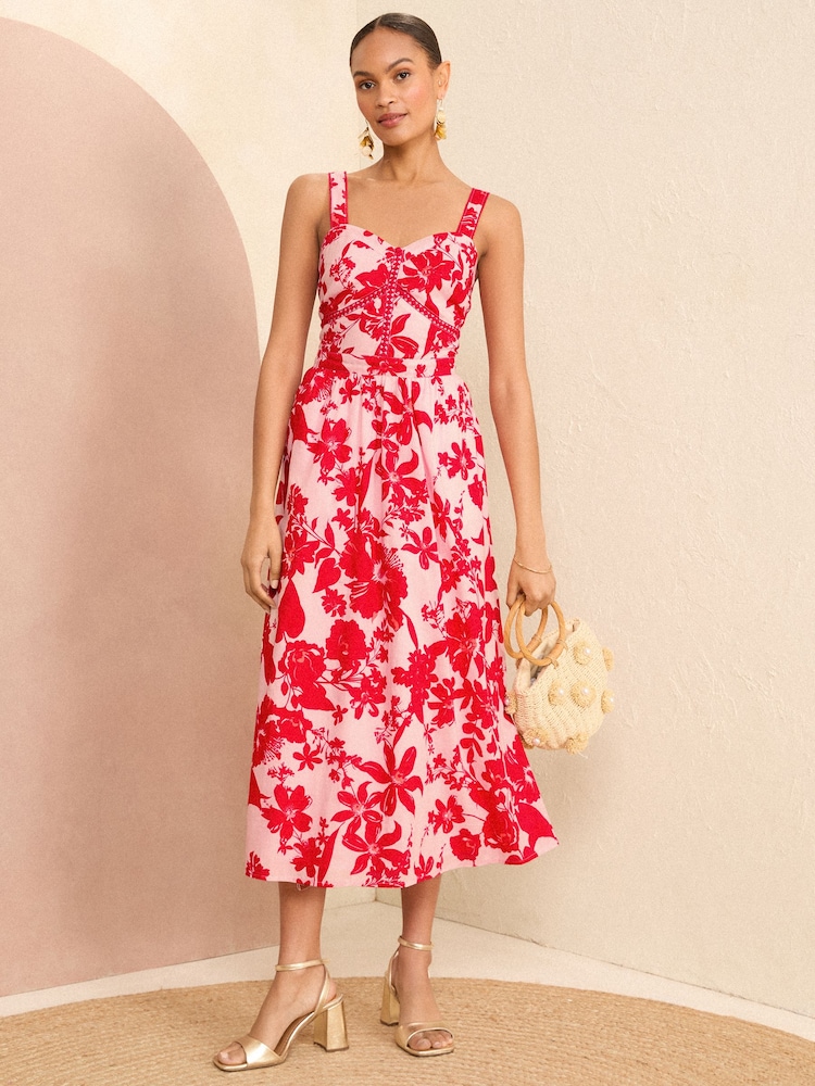 Love & Roses Pink and Red Floral Cami Corset Lace Trim Cotton Midi Dress - Image 4 of 4