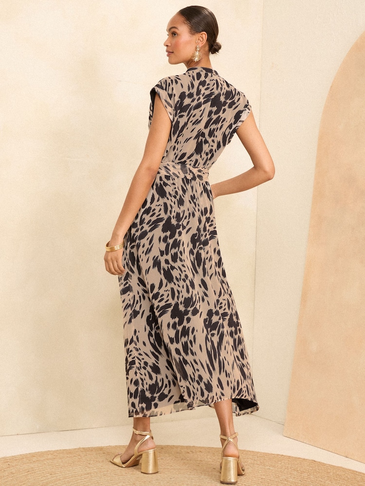 Love & Roses Beige Animal Printed Roll Sleeve Zip Front Midi Dress - Image 3 of 4