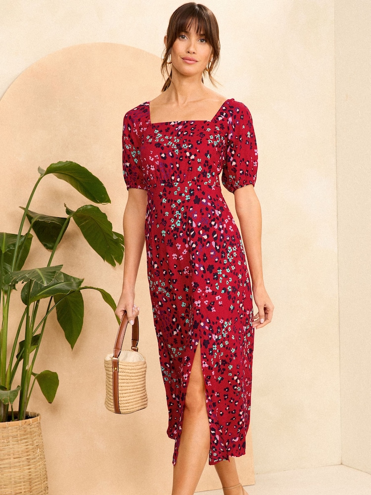 Love & Roses Red Animal Printed Square Neck Puff Sleeve Midi Dress - Image 1 of 4