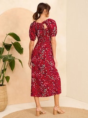 Love & Roses Red Animal Printed Square Neck Puff Sleeve Midi Dress - Image 3 of 4