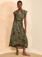 Love & Roses Khaki Animal Flutter Sleeve Belted Shirt Dress - Image 1 of 4
