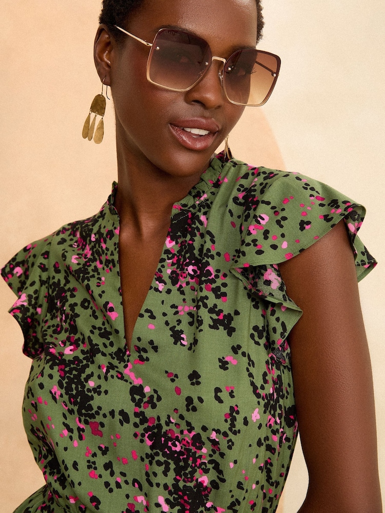 Love & Roses Khaki Animal Flutter Sleeve Belted Shirt Dress - Image 2 of 4