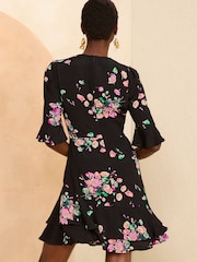 Love & Roses Black Floral Printed Twist Flute Sleeve Mini Dress - Image 3 of 4