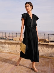 Love & Roses Black Beaded Trim Ruffle Satin Midi Dress - Image 1 of 4
