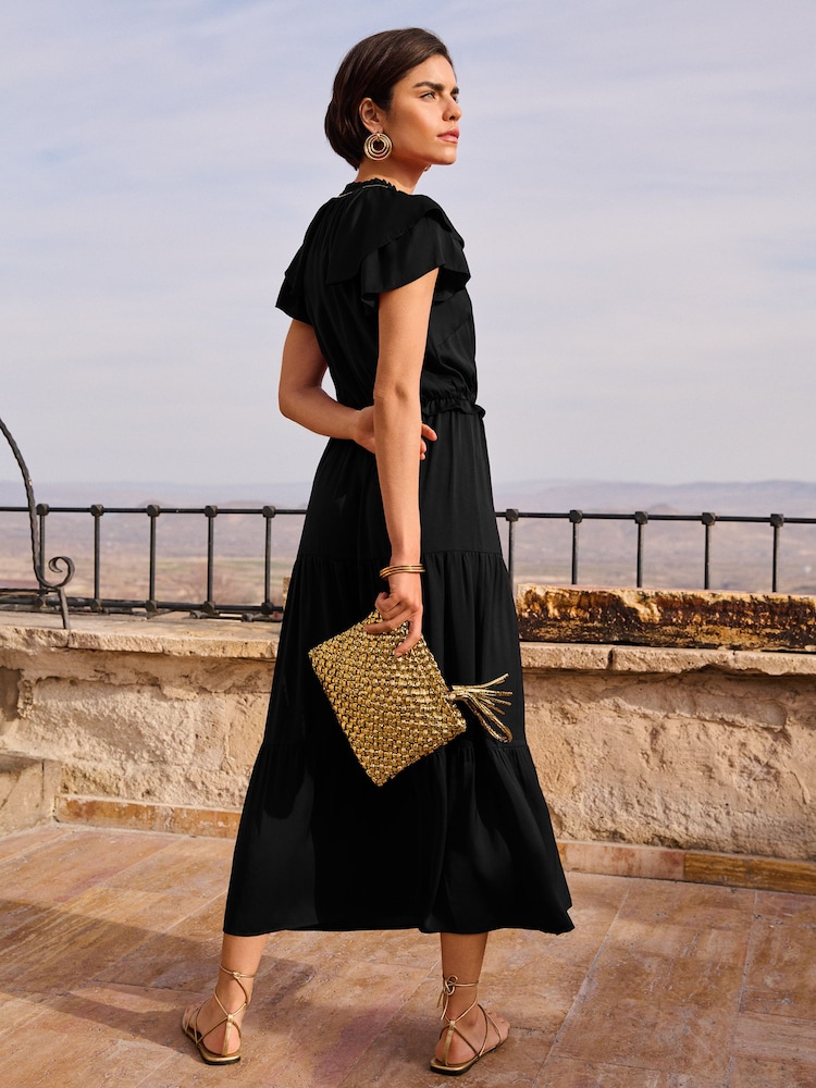 Love & Roses Black Beaded Trim Ruffle Satin Midi Dress - Image 2 of 4