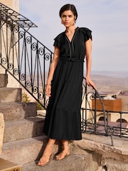 Love & Roses Black Beaded Trim Ruffle Satin Midi Dress - Image 3 of 4