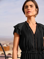 Love & Roses Black Beaded Trim Ruffle Satin Midi Dress - Image 4 of 4