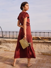 Love & Roses Orange Rust Beaded Trim Ruffle Satin Midi Dress - Image 3 of 4