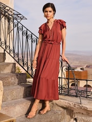 Love & Roses Orange Rust Beaded Trim Ruffle Satin Midi Dress - Image 4 of 4