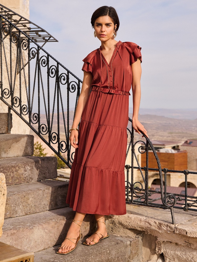 Love & Roses Orange Rust Beaded Trim Ruffle Satin Midi Dress - Image 4 of 4