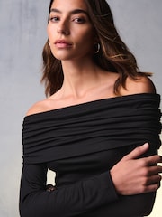 Black Ribbed Bardot Long Sleeve Top - Image 1 of 7