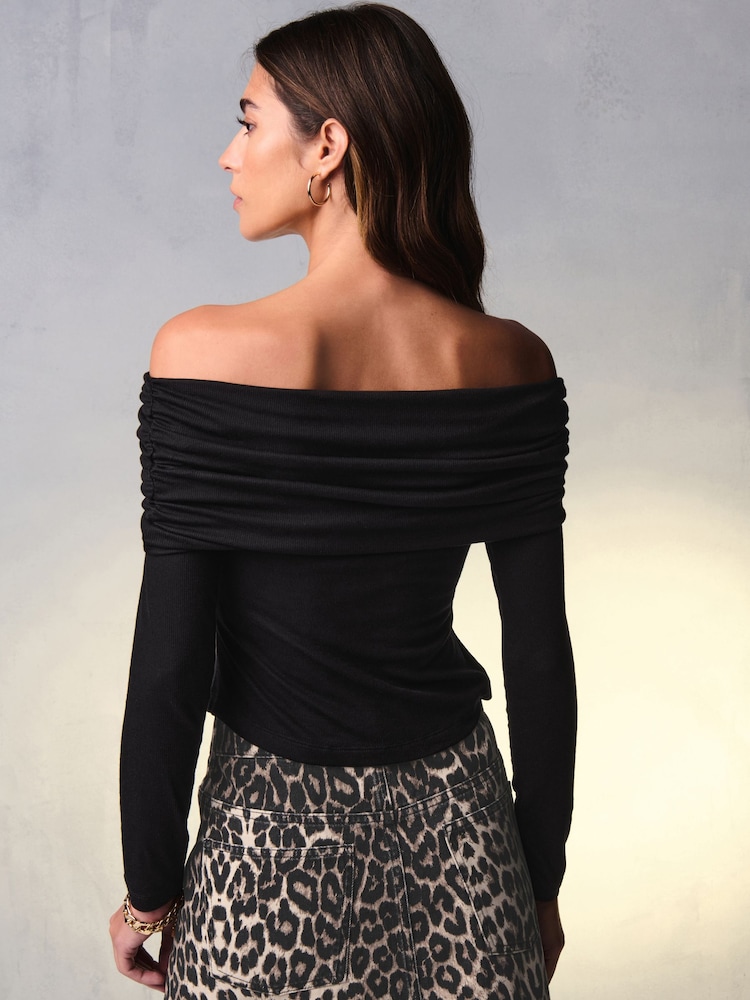 Black Ribbed Bardot Long Sleeve Top - Image 2 of 7