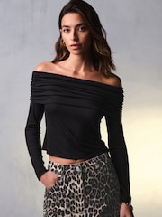 Black Ribbed Bardot Long Sleeve Top - Image 4 of 7
