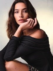 Black Ribbed Bardot Long Sleeve Top - Image 5 of 7