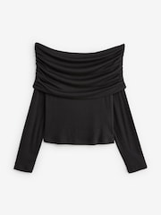 Black Ribbed Bardot Long Sleeve Top - Image 6 of 7