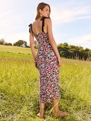 Love & Roses Black Floral Strappy Shirred Maxi Summer Dress - Image 3 of 4