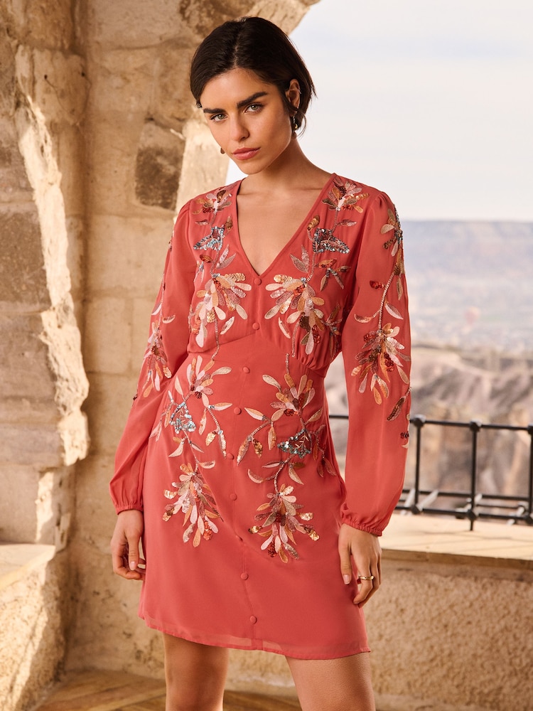 Love & Roses Orange Rust Embellished V Neck Long Sleeve Mini Dress - Image 1 of 4