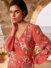 Love & Roses Orange Rust Embellished V Neck Long Sleeve Mini Dress - Image 2 of 4
