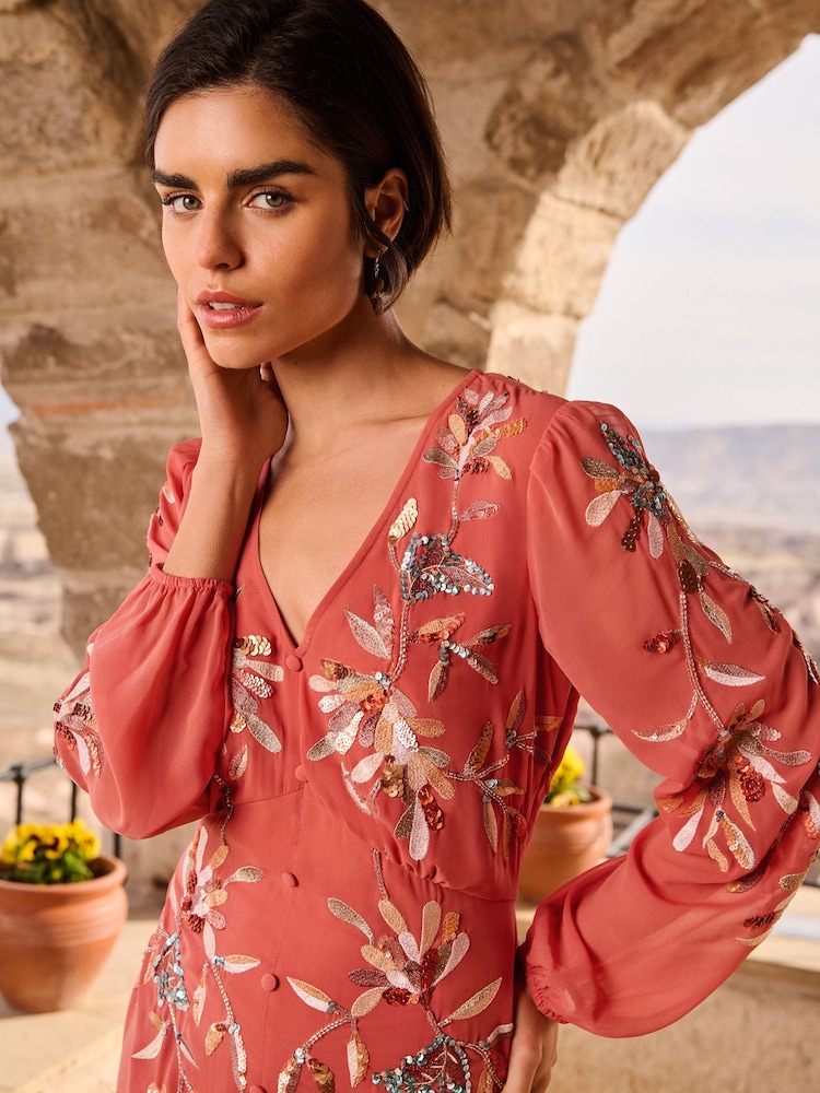 Love & Roses Orange Rust Embellished V Neck Long Sleeve Mini Dress - Image 2 of 4