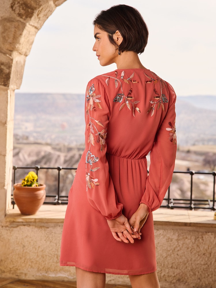 Mini Rochie cu mânecă lungă, cu decolteu în V, ornamentate Love & Roses - Image 3 of 4