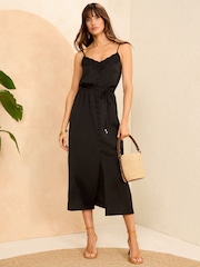 Love & Roses Black Lace Trim Satin Midi Strappy Dress - Image 1 of 4