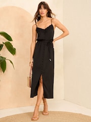 Love & Roses Black Lace Trim Satin Midi Strappy Dress - Image 4 of 4