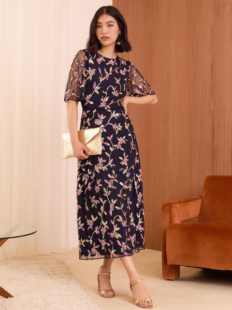 Love & Roses Navy Blue Embellished Flutter Sleeve Midi Dress - Image 1 of 4