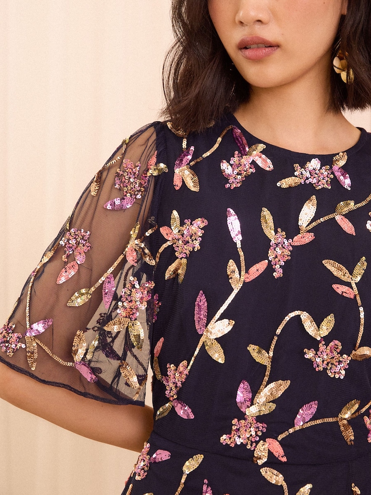 Love & Roses Navy Blue Embellished Flutter Sleeve Midi Dress - Image 2 of 4