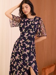 Love & Roses Navy Blue Embellished Flutter Sleeve Midi Dress - Image 3 of 4