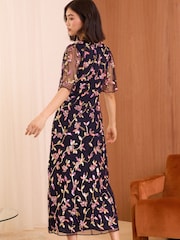 Love & Roses Navy Blue Embellished Flutter Sleeve Midi Dress - Image 4 of 4