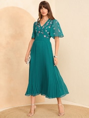 Love & Roses Green V Neck Embellished Pleated Midi Dress - Image 1 of 4