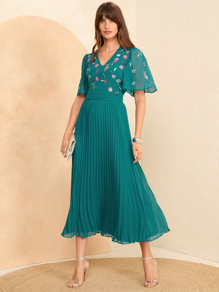 Love & Roses Green V Neck Embellished Pleated Midi Dress - Image 1 of 4