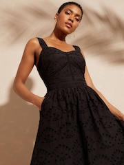 Love & Roses Black Petite Cami Corset Lace Trim Cotton Midi Dress - Image 2 of 4