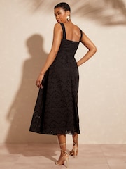 Love & Roses Black Petite Cami Corset Lace Trim Cotton Midi Dress - Image 3 of 4