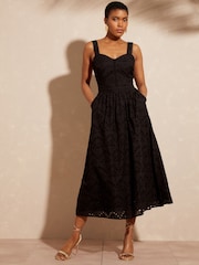 Love & Roses Black Petite Cami Corset Lace Trim Cotton Midi Dress - Image 4 of 4