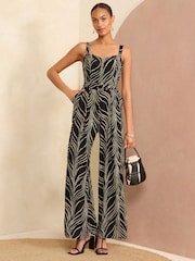 Love & Roses Black/White Petite Wide Leg Cami Belted Jumpsuit - Image 1 of 4