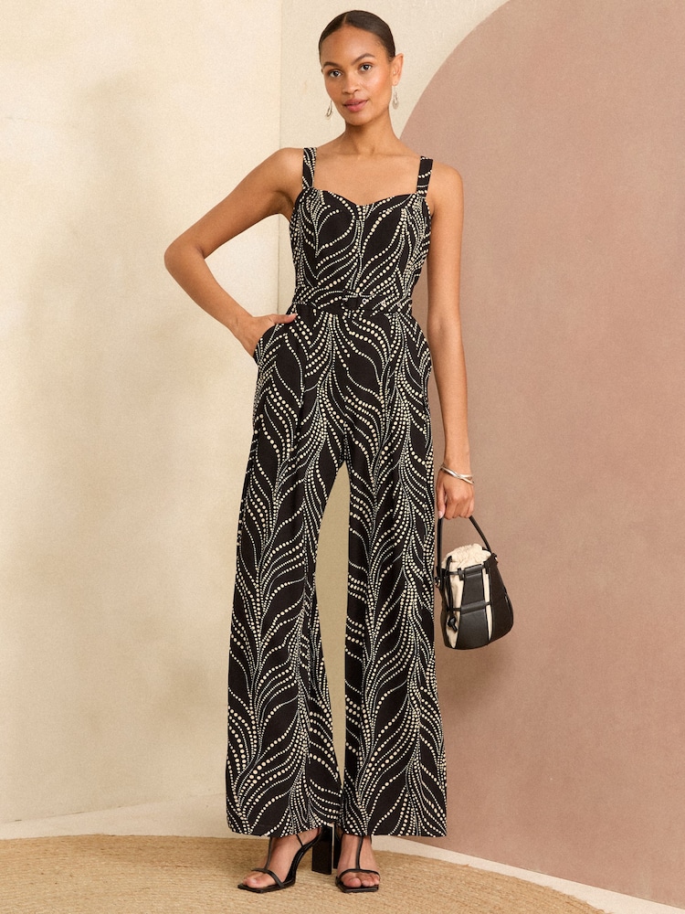 Love & Roses Black/White Petite Wide Leg Cami Belted Jumpsuit - Image 1 of 4