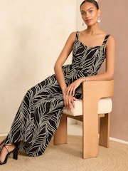 Love & Roses Black/White Petite Wide Leg Cami Belted Jumpsuit - Image 3 of 4