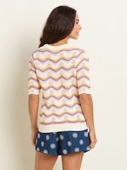 Brakeburn Cream 100% Cotton Rainbow Wave Knitted T-Shirt - Image 2 of 6