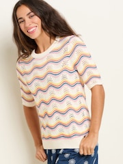 Brakeburn Cream 100% Cotton Rainbow Wave Knitted T-Shirt - Image 3 of 6
