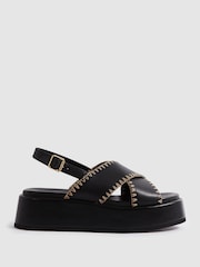 Reiss Black Melissa Leather Raffia Stitch Platform Sandals - Image 1 of 5