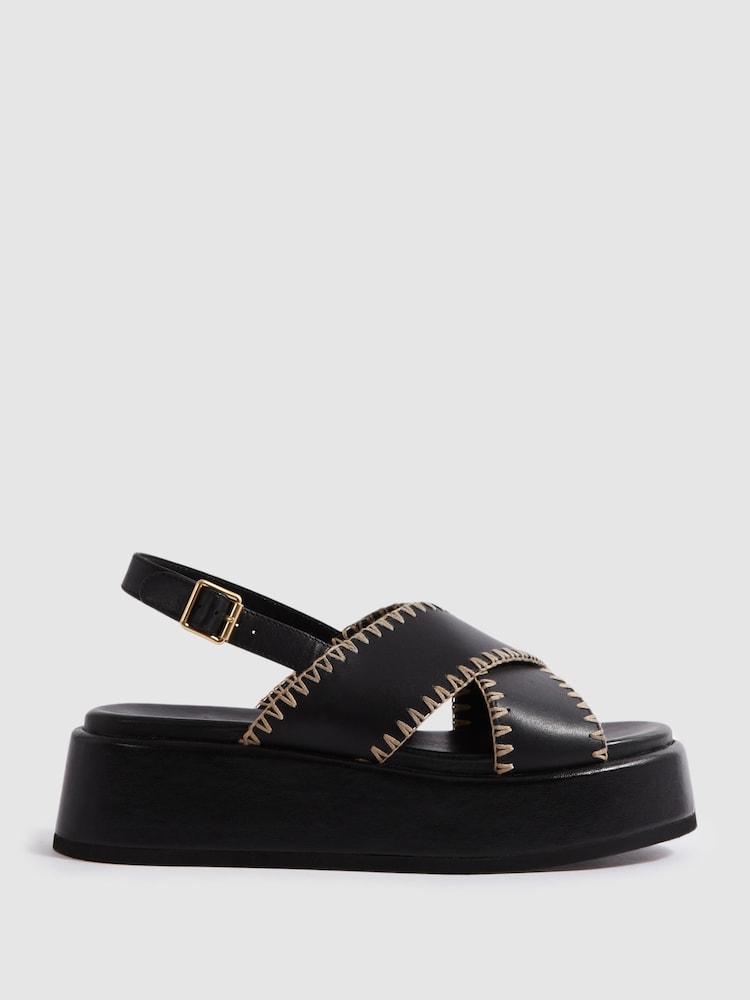 Reiss Black Melissa Leather Raffia Stitch Platform Sandals - Image 1 of 5 Reiss Black Melissa Leather Raffia Stitch Platform Sandals - Image 1 of 5