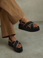 Reiss Black Melissa Leather Raffia Stitch Platform Sandals - Image 2 of 5
