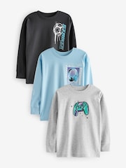 Blue/ Grey Headphones Graphic 100% Cotton Long Sleeve T-Shirts 3 Pack (3-16yrs) - Image 1 of 7
