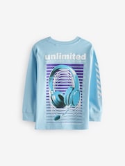Blue/ Grey Headphones Graphic 100% Cotton Long Sleeve T-Shirts 3 Pack (3-16yrs) - Image 5 of 7
