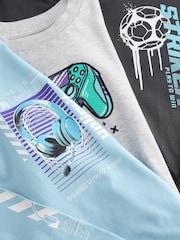 Blue/ Grey Headphones Graphic 100% Cotton Long Sleeve T-Shirts 3 Pack (3-16yrs) - Image 6 of 7
