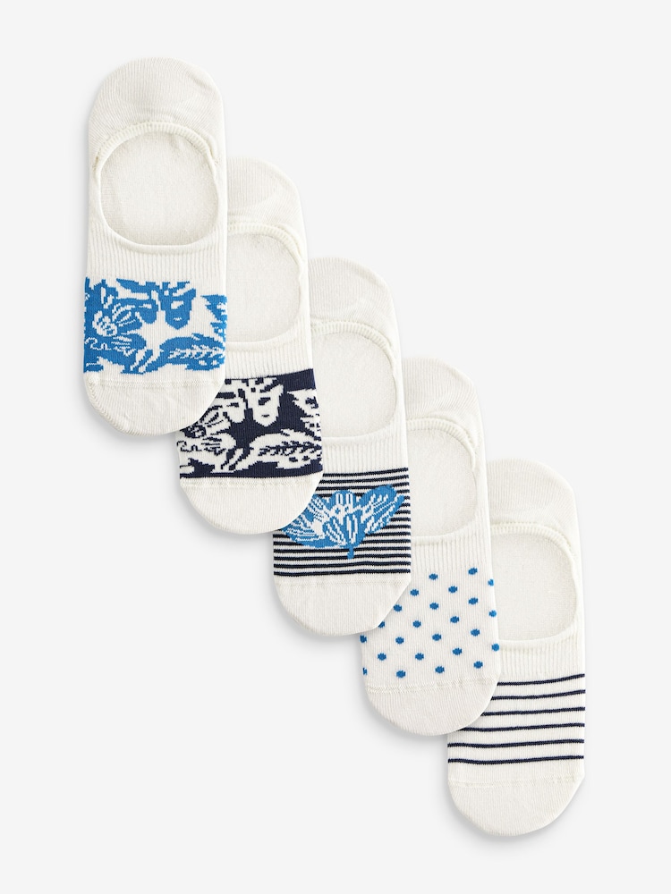 White/Blue Floral Low Cut Invisible Socks 5 Pack - Image 1 of 6