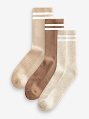 Neutral/White Stripe Cushion Sole Ribbed Sport Ankle Socks 3 Pack With Arch Support - Image 1 of 1