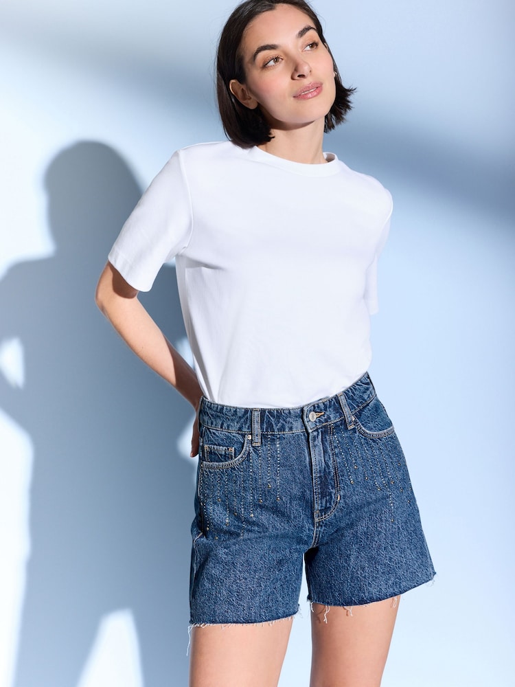Mid Blue 100% Cotton Embellished Denim Shorts - Image 1 of 7